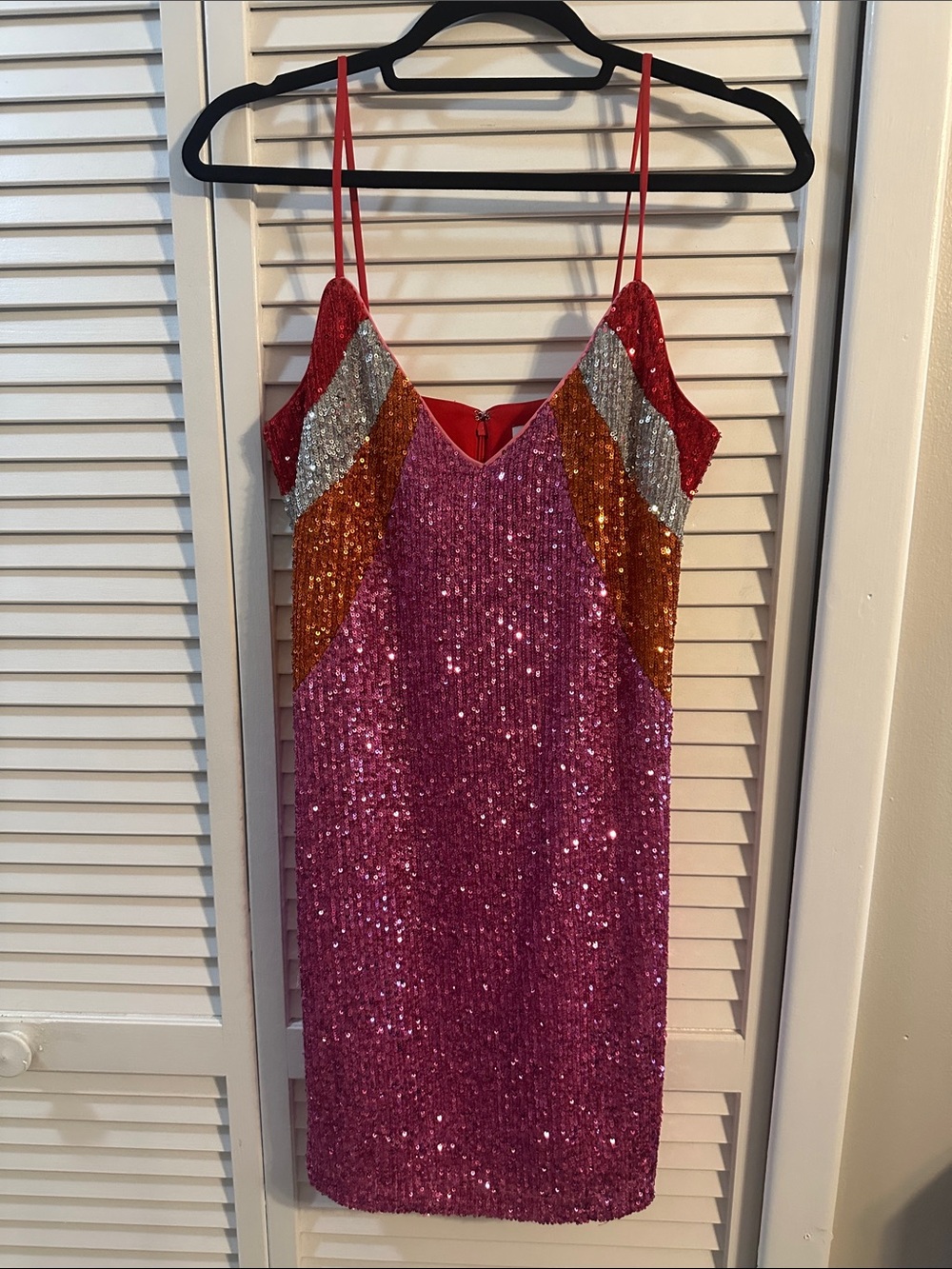 Pink Sequin Strappy Mini Dress with Multicolor Accents